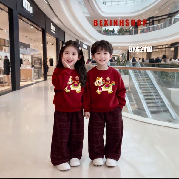 Bộ dài tay in Ngựa Thần Tài quần ống suông cho Mẹ & bé trai, bé gái ngày lạnh BXG2118