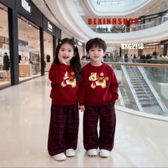 Bộ dài tay in Ngựa Thần Tài quần ống suông cho Mẹ & bé trai, bé gái ngày lạnh BXG2118