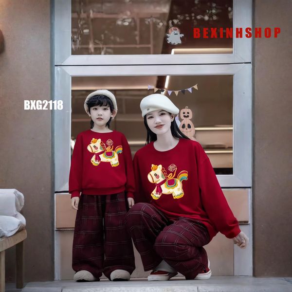 Bộ dài tay in Ngựa Thần Tài quần ống suông cho Mẹ & bé trai, bé gái ngày lạnh BXG2118