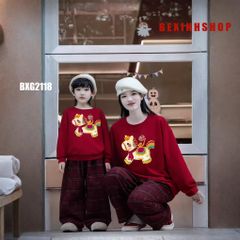 Bộ dài tay in Ngựa Thần Tài quần ống suông cho Mẹ & bé trai, bé gái ngày lạnh BXG2118