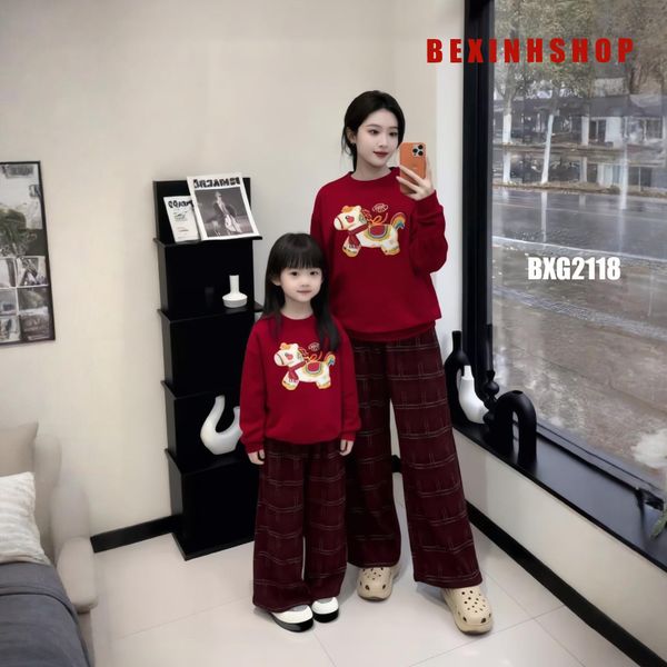 Bộ dài tay in Ngựa Thần Tài quần ống suông cho Mẹ & bé trai, bé gái ngày lạnh BXG2118