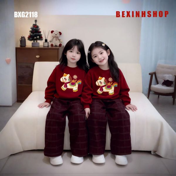 Bộ dài tay in Ngựa Thần Tài quần ống suông cho Mẹ & bé trai, bé gái ngày lạnh BXG2118