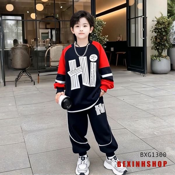 Bộ dài tay thu đông thun da cá Hiphop chữ HI dễ thương cho bé trai BXG1300