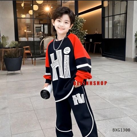 Bộ dài tay thu đông thun da cá Hiphop chữ HI dễ thương cho bé trai BXG1300