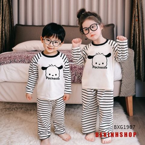 Bộ dài tay phối sọc in cún Pochacco dễ thương cho bé trai & bé gái mặc nhà BXG1907