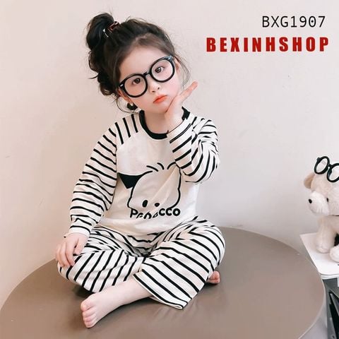 Bộ dài tay phối sọc in cún Pochacco dễ thương cho bé trai & bé gái mặc nhà BXG1907