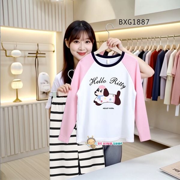 Bộ dài tay Cún quần sọc dễ thương cho bé gái BXG1887