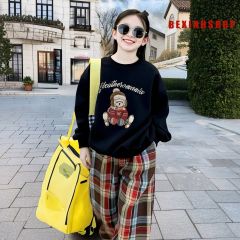 Bộ áo dài tay in gấu quần ống suông caro dễ thương cho bé gái BXG1992