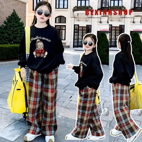 Bộ áo dài tay in gấu quần ống suông caro dễ thương cho bé gái BXG1992
