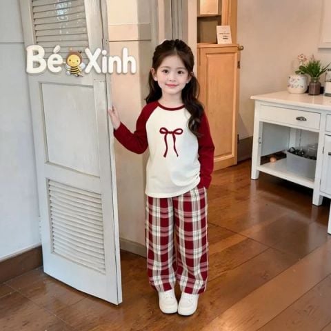 Bộ áo dài tay Raplang Nơ quần Caro Ống Rộng dễ thương cho bé gái BXG1130 (FORM NHỎ KHÁCH ĐẶT TRỪ HAO SIZE)