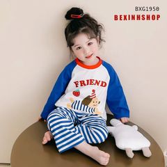 Bộ dài tay phối sọc in cún FRIEND dễ thương cho bé gái mặc nhà BXG1950