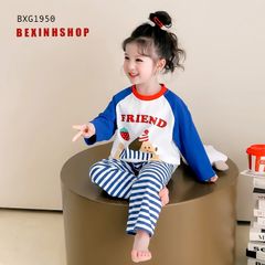 Bộ dài tay phối sọc in cún FRIEND dễ thương cho bé gái mặc nhà BXG1950