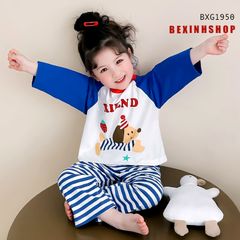 Bộ dài tay phối sọc in cún FRIEND dễ thương cho bé gái mặc nhà BXG1950