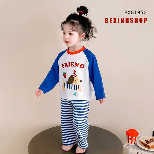 Bộ dài tay phối sọc in cún FRIEND dễ thương cho bé gái mặc nhà BXG1950