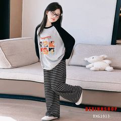 Bộ dài tay in hình CÔNG CHÚA quần sọc ống suông dễ thương cho bé gái BXG1913