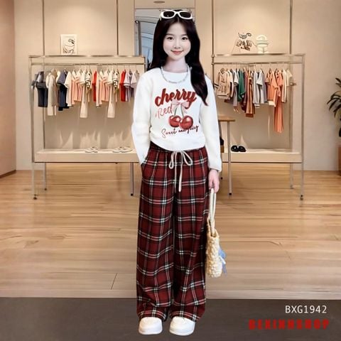Set áo dài tay Cherry quần suông Caro dễ thương cho bé gái BXG1942