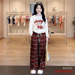 Set áo dài tay Cherry quần suông Caro dễ thương cho bé gái BXG1942