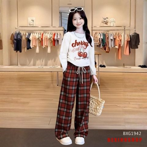 Set áo dài tay Cherry quần suông Caro dễ thương cho bé gái BXG1942