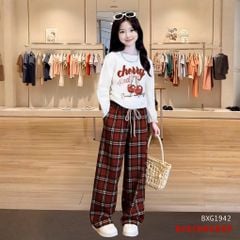 Set áo dài tay Cherry quần suông Caro dễ thương cho bé gái BXG1942