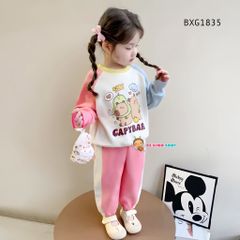 Bộ thun cotton dài tay phối màu CAPYBARA dễ thương cho bé gái ngày Thu BXG1835