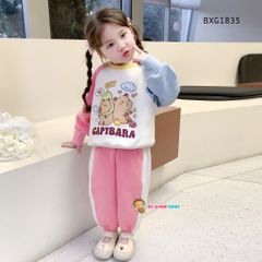 Bộ thun cotton dài tay phối màu CAPYBARA dễ thương cho bé gái ngày Thu BXG1835