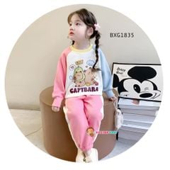 Bộ thun cotton dài tay phối màu CAPYBARA dễ thương cho bé gái ngày Thu BXG1835