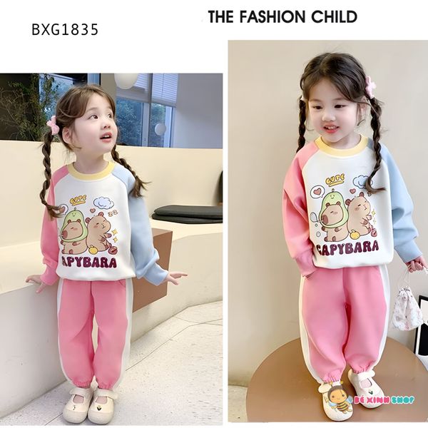 Bộ thun cotton dài tay phối màu CAPYBARA dễ thương cho bé gái ngày Thu BXG1835