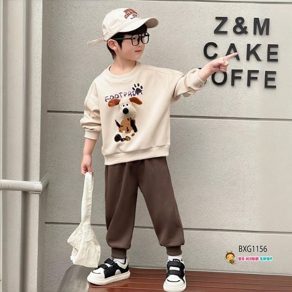 Bộ dài tay thun da cá gắn đầu cún 3D dễ thương cho bé trai & bé gái Thu Đông BXG1155