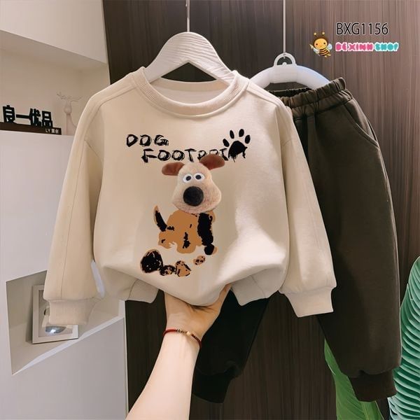 Bộ dài tay thun da cá gắn đầu cún 3D dễ thương cho bé trai & bé gái Thu Đông BXG1155