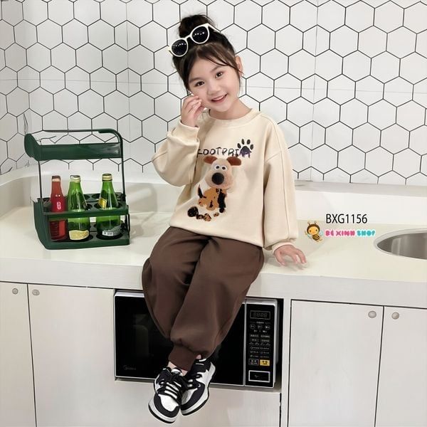 Bộ dài tay thun da cá gắn đầu cún 3D dễ thương cho bé trai & bé gái Thu Đông BXG1155