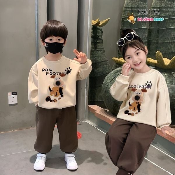 Bộ dài tay thun da cá gắn đầu cún 3D dễ thương cho bé trai & bé gái Thu Đông BXG1155