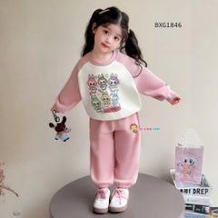 Bộ dài tay thun da cá in LABUBU dễ thương cho bé gái ngày Thu BXG1846