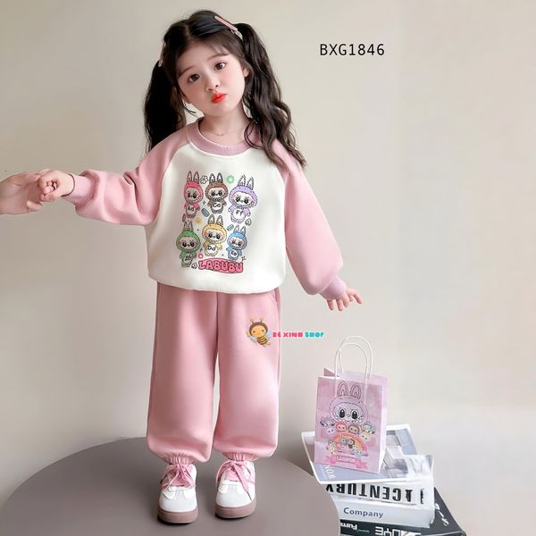 Bộ dài tay thun da cá in LABUBU dễ thương cho bé gái ngày Thu BXG1846