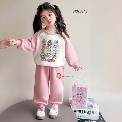 Bộ dài tay thun da cá in LABUBU dễ thương cho bé gái ngày Thu BXG1846