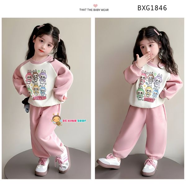 Bộ dài tay thun da cá in LABUBU dễ thương cho bé gái ngày Thu BXG1846