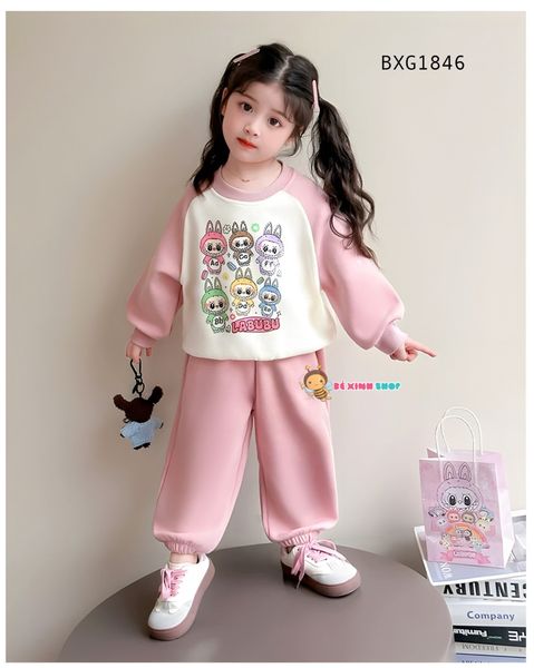 Bộ dài tay thun da cá in LABUBU dễ thương cho bé gái ngày Thu BXG1846