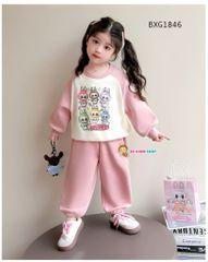 Bộ dài tay thun da cá in LABUBU dễ thương cho bé gái ngày Thu BXG1846