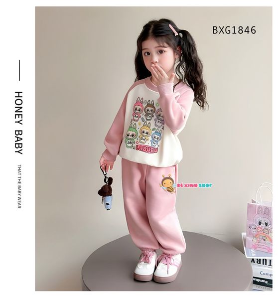 Bộ dài tay thun da cá in LABUBU dễ thương cho bé gái ngày Thu BXG1846