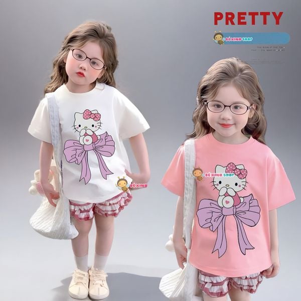 Bộ áo thun HelloKitty quần sọc phối bèo dễ thương cho bé gái BXG1881