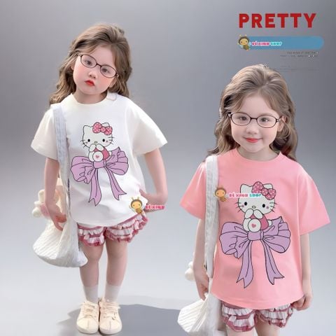 Bộ áo thun HelloKitty quần sọc phối bèo dễ thương cho bé gái BXG1881