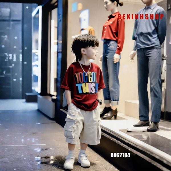 [BexinhshopVN] Set kaki bé trai áo thun in chữ quần túi hộp BXG2104