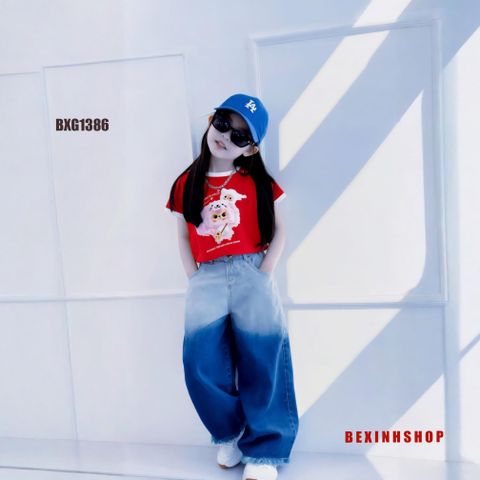 [LAI TUA WASH 2 MÀU] Set áo thun BabyThree quần jeans ống suông dễ thương cho bé gái đi chơi BXG1384