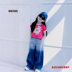 [LAI TUA WASH 2 MÀU] Set áo thun BabyThree quần jeans ống suông dễ thương cho bé gái đi chơi BXG1384