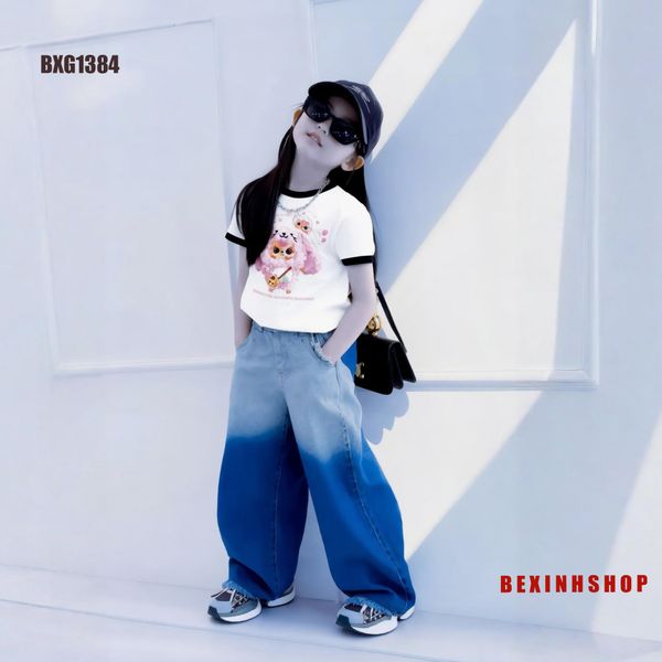 [LAI TUA WASH 2 MÀU] Set áo thun BabyThree quần jeans ống suông dễ thương cho bé gái đi chơi BXG1384