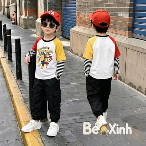 Set áo phối tay chó cảnh sát quần kaki jogger túi hộp bé trai ngày Thu nhà Bé Xinh BXG2504