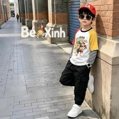 Set áo phối tay chó cảnh sát quần kaki jogger túi hộp bé trai ngày Thu nhà Bé Xinh BXG2504