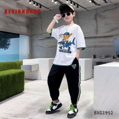 Bộ thun in Tungtung Cá mập quần jogger phối viền thể thao cho bé trai BXG1952