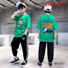 Bộ thun in Tungtung Cá mập quần jogger phối viền thể thao cho bé trai BXG1952