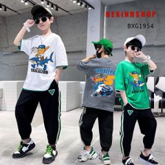 Bộ thun in Tungtung Cá mập quần jogger phối viền thể thao cho bé trai BXG1952