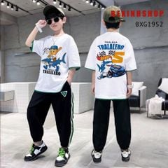 Bộ thun in Tungtung Cá mập quần jogger phối viền thể thao cho bé trai BXG1952